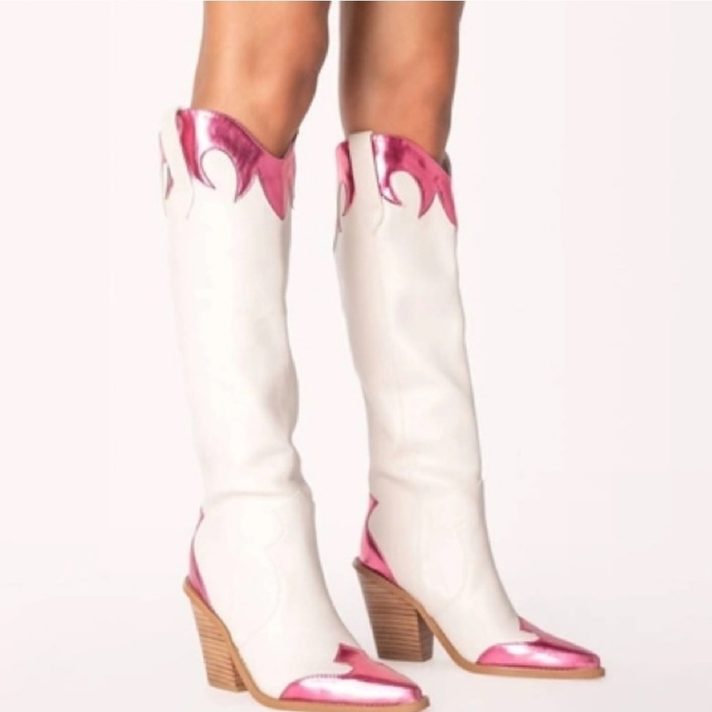 Billini Sayuri Ivory Raspberry Metallic Western Knee-High Boots Size 6